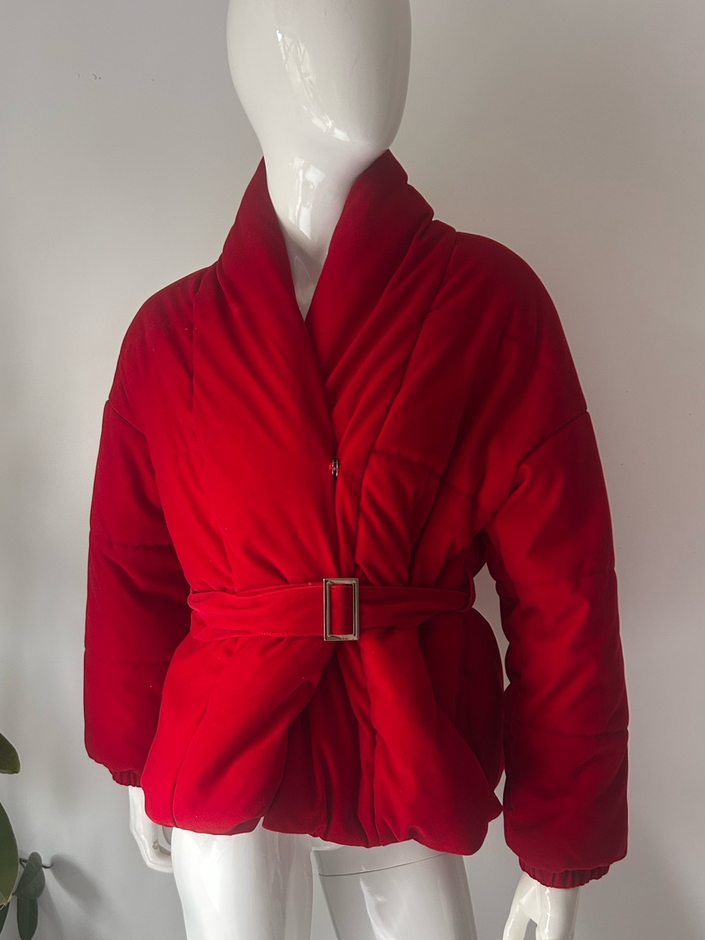 STYLEWE Red Belted Shawl-Collar Puffer Jacket